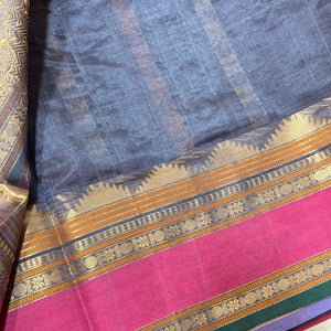 Intricate Grey with Pink 1000 Buttas Handwoven Premium Kanjivaram Silkcotton Saree Beauty Gandaberunda Mayil Chakram in different thread colors