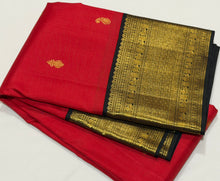 Vaibhogam- Gorgeous Red with Black Pure 2g Jari Korvai with Buttas Handwoven Kanjivaram Silk with beautiful rich borders gorgeous pallu and contrast woven blouse