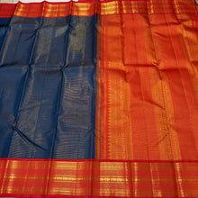 Vaibhogam-Gorgeous Sapphire Blue with Orange Red Vairaoosi Handwoven Pure Jari Korvai Kanjivaram Silk with rich closely woven vairaoosi body gorgeous borders beautiful and finely woven rich pallu and contrast woven blouse
