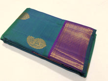 Peacock Blue Green with Purple Muthukattam with Buttas Mayilkan Borders Handwoven Pure Jari Kanjivaram Silk Saree Beauty