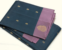 Nayaki- Rama Blue with Mauve Handwoven Pure Lightweight Classic Kanjivaram Silk with buttas woven body with contrast mauve colored borders rich pallu and contrast woven blouse