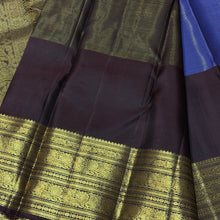 Vaibhogam- Gorgeous Ink Blue with Coffee Brown Vairaoosi with Buttas Handwoven Pure 2g Jari Kanjivaram Silk with beautiful small elephants and peacocks woven body and middle borderd and rich coffee brown borders pallu and contrast woven brown blouse