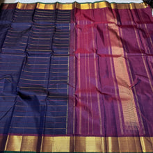 Navy Blue with Dual tone Purplish Magenta Neli Beldhari Weave Handwoven Pure Jari Kanjivaram Silk Saree Beauty