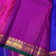 Sahana- Violetish Blur with Magenta Pink Buttas Handwoven Pure Jari Kanjivaram Silk with elephants and peacocks motifs woven body with beautiful borders with green selvedges rich pallu and contrast woven blouse