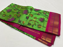 Parrot Green with Pink Handwoven Pure Korvai Kanjivaram Silkcotton Handpichwai Blockprinted Beauty