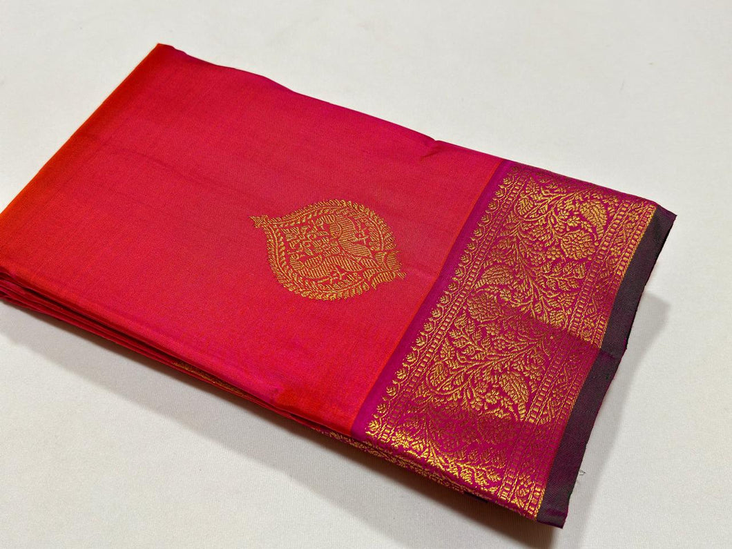 Dual tone Orange with Pink Handwoven Pure Jari Buttas Kanjivaram Silk Saree