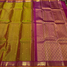 Sahana- Gorgeous Golden Double tone Sampanga mustard shot green tint with Purplish Pink Buttas Handwoven Pure Jari Kanjivaram Silk with Small intricate borders with orange selvedges rich pallu and contrast woven blouse