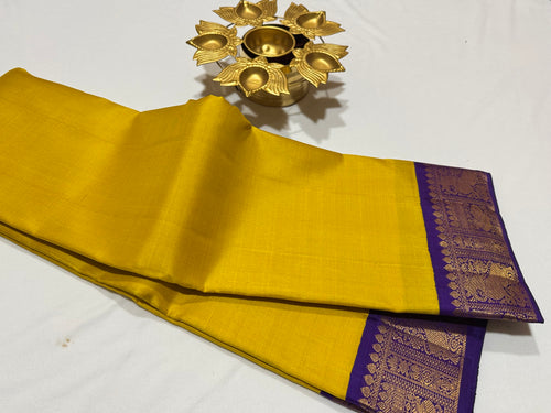 Yellow with Violetish Purple Handwoven Pure Jari Korvai Kanjivaram Silk Saree Beauty