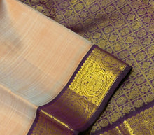 Sarasangi- Gorgeous Sandal Beige with Deep Purple Handwoven Pure Jari Korvai Kanjivaram Silk with beautiful gandaberundas woven borders rich pallu and contrast woven blouse