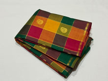 Saranga- Super Gorgeous Handwoven Pure Kanjivaram Silk Saree in a Beautiful Palum Pazhamum Checks with traditional colors with mango and chakram buttas woven in the body with neli veldhari jari lined checks rich woven pallu and contrast arakku red blouse