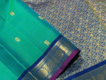 Peacock Green Blue with Blue Buttas Small borders Handwoven Pure Jari Kanjivaram Silk Saree Beauty