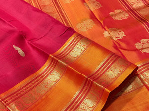 Red with Golden Mustard Buttas with Continuous Thodar Elephant  Motifs Pallu and Doublepet Borders Beauty