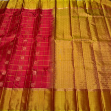 Red with Golden Sampanga Checks with 1000 buttas style woven Handwoven Kanjivaram Silk Saree with classy plain borders rich pallu and contrast woven blouse beauty