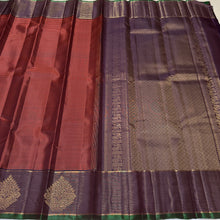 Sahana- Stunning Rust with Deep Brown Handwoven Pure Kanjivaram Silk with striped body border buttas rich pallu and contrast woven blouse