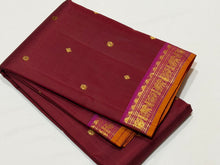 Sahana- Gorgeous Deep Maroonish Brown with Magenta Buttas Handwoven Pure Kanjivaram Silk with small rich borders gorgeous pallu and contrast woven blouse beauty