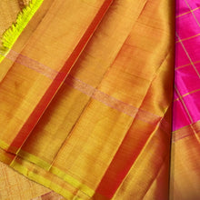 Rani Pink  with Golden Sampanga Checks with 1000 buttas style woven Handwoven Kanjivaram Silk Saree with classy plain borders rich pallu and contrast woven blouse beauty
