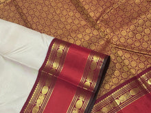 Vaibhogam-Gorgeous Offwhite with Deep Maroonish Arakku  and Orange  Vairaoosi Korvai with Rettapet  Borders Handwoven Pure Jari Kanjivaram Silk Saree with rich pallu and contrast oosi woven blouse