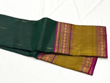 Bottle Green with Dark Wine Broad Rettapet Borders with Mallimoggu Buttas Handwoven Pure Jari Kanjivaram Silk Saree Beauty