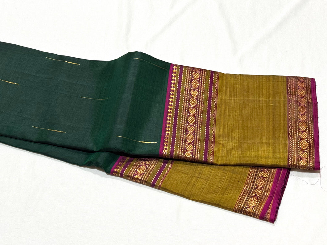 Bottle Green with Dark Wine Broad Rettapet Borders with Mallimoggu Buttas Handwoven Pure Jari Kanjivaram Silk Saree Beauty