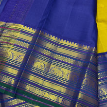 Vaibhogam- Stunning Yellow with Royal Blue Handwoven Pure Zari Korvai Kanjivaram Silk with Buttas Rich Varisaipet Borders gorgeous Meenakari work Pallu and Contrast woven blouse
