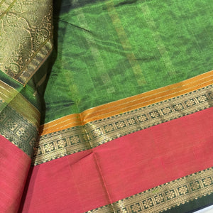 Gorgeous Forest Green with Double tone Orange 1000 Floral Buttas Handwoven Premium Kanjivaram Silkcotton Saree Beauty