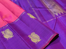 Pink with Ganga Jamuna Borders Muthukattam body Purple pallu and Border Buttas Handwoven Pure Jari Kanjivaram Silk Saree Beauty