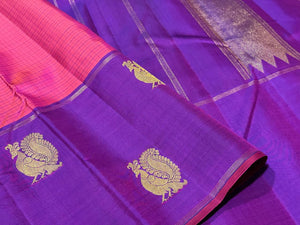 Pink with Ganga Jamuna Borders Muthukattam body Purple pallu and Border Buttas Handwoven Pure Jari Kanjivaram Silk Saree Beauty
