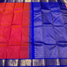 Sarasangi- Stunning Dual Tone Tomato Pink with Royal Blue Handwoven Pure Jari Korvai Kanjivaram Silk with beautifully woven borders rich pallu and contrast blue blouse