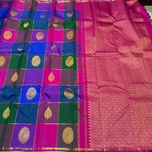 Vintage Beauty- Palum Pazhamum Kattam in Beautiful Blue, Green , Purple Pink Shades with rich peacocks and Vel motifs woven body with small rudrkashapet borders rich pallu and contrast woven blouse