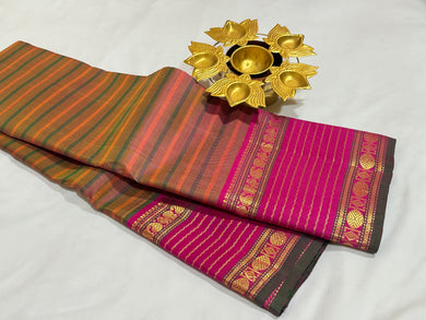 Vintage Inspired- Brown and Peach Multistriped Veldhari Style with Pink Handwoven Pure Jari Kanjivaram Silk Saree Beauty