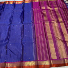 Nayaki- Gorgeous MS Blue with Dark Magenta and Rust Buttas Handwoven Pure Jari Kanjivaram Silk with beautiful buttas woven body with rich borders pallu and contrast woven blouse