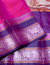 Saraswati- Gorgeous Pink with Purple Premium Zariless Korvai Kanjivaram Silk with beautiful buttas woven body ricy elephants and cows calf motifs woven borders beautiful vrishabha kunjaram pallu and contrast purple blouse