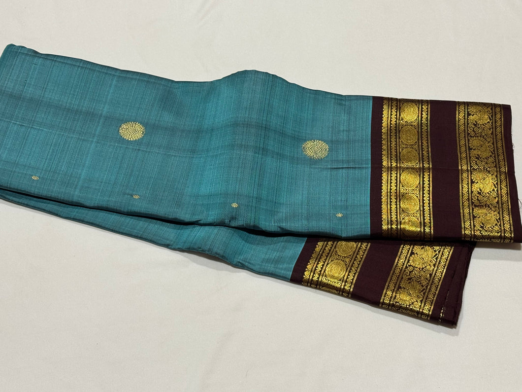 Gorgeous Teal Blue with Coffee Brown Buttas with Rettapet Borders Handwoven Pure Jari Kanjivaram Silk Saree beauty