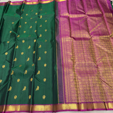 Sahana- Gorgeous Deep Forest Green with Dark Magenta Handwoven Pure Jari Kanjivaram Silk with Muthukattam with Mayil Kuyil Bird buttas woven beautiful body with small borders rich 1000 buttas style woven pallu and contrast woven blouse