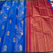 Saranga-Gorgeous Ananda Blue with Double tone Reddish Pink Borderless Handwoven Pure Jari Vairaoosi with Buttas with rich pallu and contrast woven blouse with green selvedes