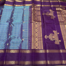Premium Zariless Weave- Peacock Blue with Deep Purple Muthukattam Checks Handwoven Pure Kanjivaram Silk Saree with Doublepet Borders rich pallu sorgavasal themed with contrast blouse beauty