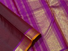 Nayaki- Deep Maroonish Brown  with Magenta and Purple Short  combo in a beautiful Handwoven Small Borders Pure Jari Kanjivaram Silk Saree with paisleys and peacocks woven borders rich seer pallu and contrast woven blouse