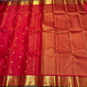 Red with Gold Vairaoosi with Buttas Handwoven Pure Jari Kanjivaram Silk Saree with Meenakari Borders rich pallu and self colored blouse