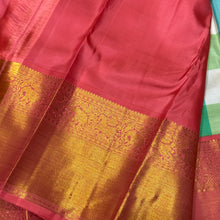 Pastel Palum Pazhamum Checks with Peach Handwoven Pure Jari Korvai Kanjivaram Silk Saree with rich borders beautiful pallu and contrast woven peach blouse