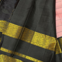 Sarasangi- Gorgeous Soft Pink with Black Handwoven Pure Jari Korvai Kanjivaram Silk with beautiful checked body rich borders pallu and contrast woven blouse