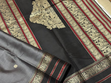 Premium Zariless Weave- Grey with Black Handwoven Pure Zariless Kanchipuram Silk with Deer Rudrkasham Peacock 5 different buttas woven body with rich borders Sorgavasal Pallu and Contrast woven blouse beauty