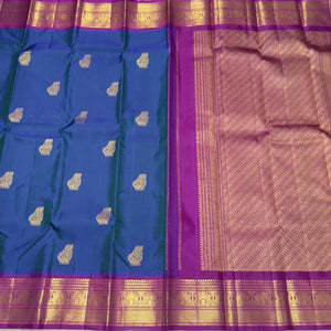 Peacock Blue with Purple Korvai with Buttas and Temples Handwoven Pure Jari Kanjivaram Silk Saree Beauty