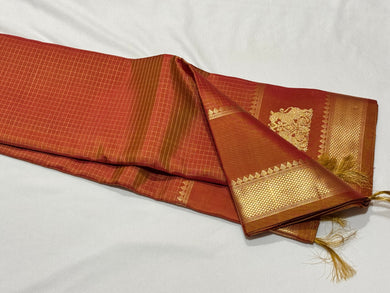 Vintage Weave-Rustic Orange with Jari Oosi Kattam and Gandaberunda and Yazhi motifs woven Borders in a Handwoven Pure Jari Kanjivaram Silk Saree Beauty