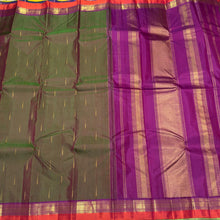 Manthulir Green with Vadamalli Purple with  Mallimoggu buttas Handwoven Pure Kanjivaram Silk Saree Beauty