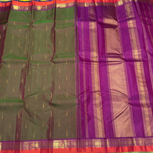 Manthulir Green with Vadamalli Purple with  Mallimoggu buttas Handwoven Pure Kanjivaram Silk Saree Beauty