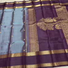 Sahana- Beautiful Smoky Grey with Deep Plum Handwoven Pure Jari Kanjivaram Silk with beautiful buttas woven body with doublepet borders rich tree of life pallu and contrast plum colored blouse