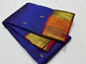 MS Blue with Arakku Korvai with Buttas Multicolored borders Handwoven Pure Jari Kanjivaram Silk Saree Beauty