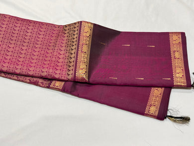 Vintage Weave- Deep Beetlenut Purple Handwoven Pure Jari Mubbakam style woven Kanjivaram Silk Saree with Mango Rudrakshas Silk thread woven middle portion and mallimoggu buttas borders Sorgavasal inspired pallu beauty