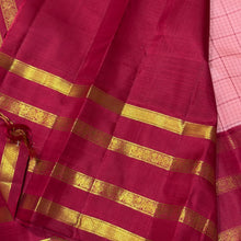 Vaibhogam- Beautiful Peach with Arakku Red Handwoven Pure Jari Korvai Checked Kanjivaram Silk with beautiful tetrapet borders rich and classic pallu and contrast woven beautiful blouse