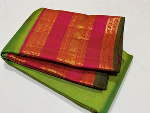 Sneha Green with Dual shade Orange Handwoven Pure Jari Korvai with Buttas Kanjivaram Silk Saree Broad Varisaipet Borders Beauty